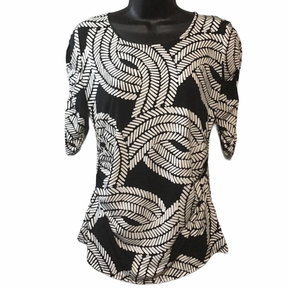 INC International Concepts Tops - PET MED BLACK & WHITE TOP 3/4 RUCHED SLEEVE NWT